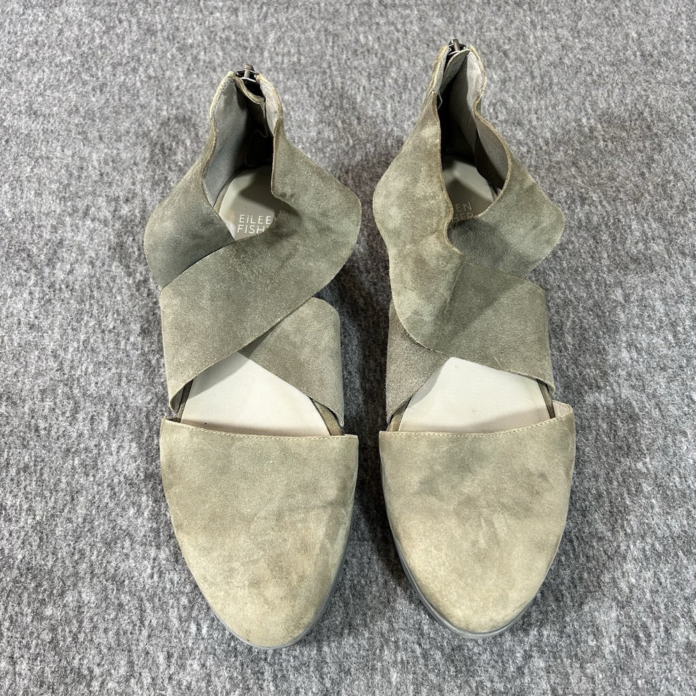 Eileen Fisher BUOY Criss Cross Wedge Sandals Women's 8 Gray Olive Suede Cutout
